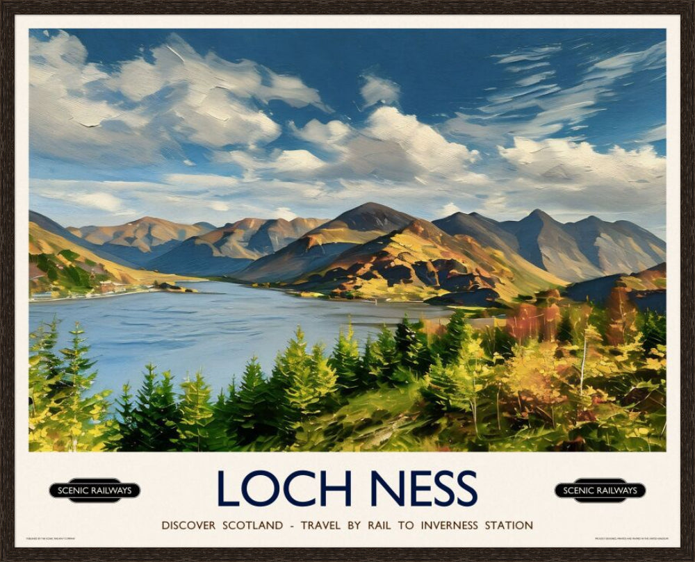 Vintage travel poster- Loch Ness, Scottish Highlands - Scenic Railways