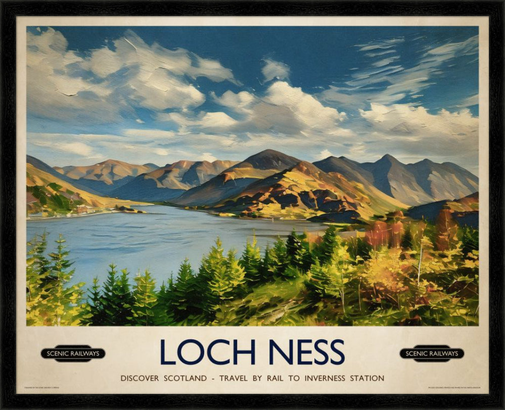Vintage travel poster- Loch Ness, Scottish Highlands - Scenic Railways