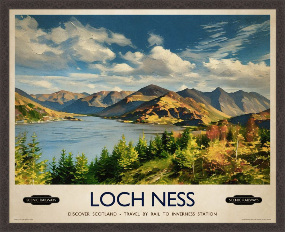 Vintage travel poster- Loch Ness, Scottish Highlands - Scenic Railways