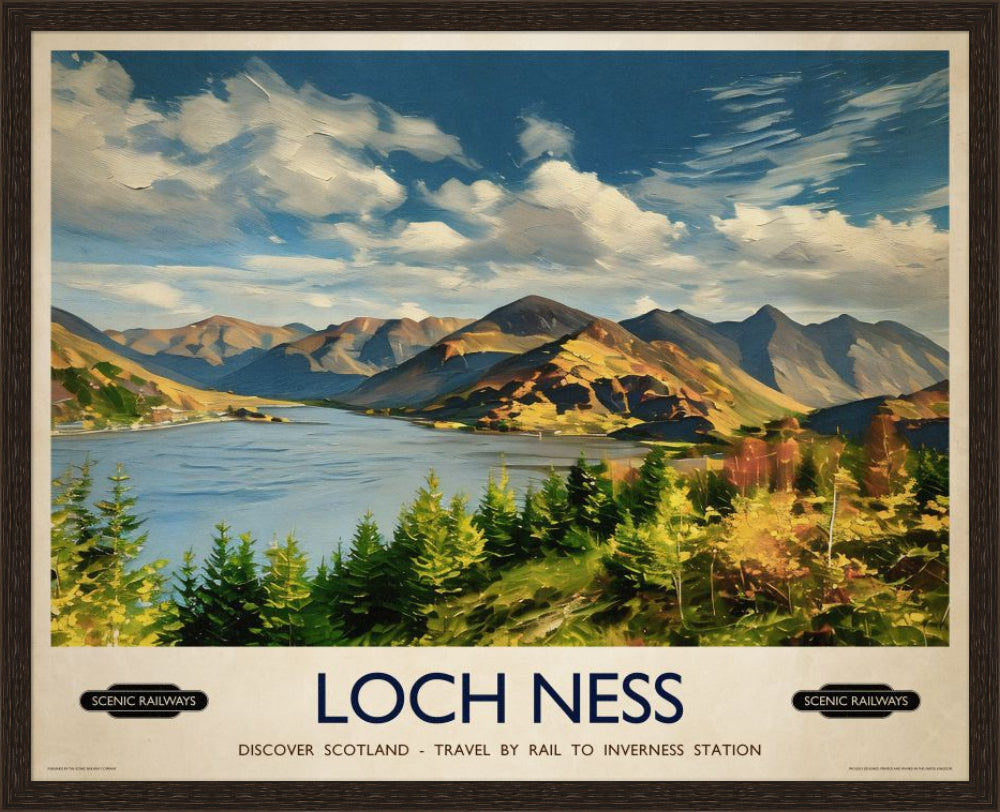Vintage travel poster- Loch Ness, Scottish Highlands - Scenic Railways