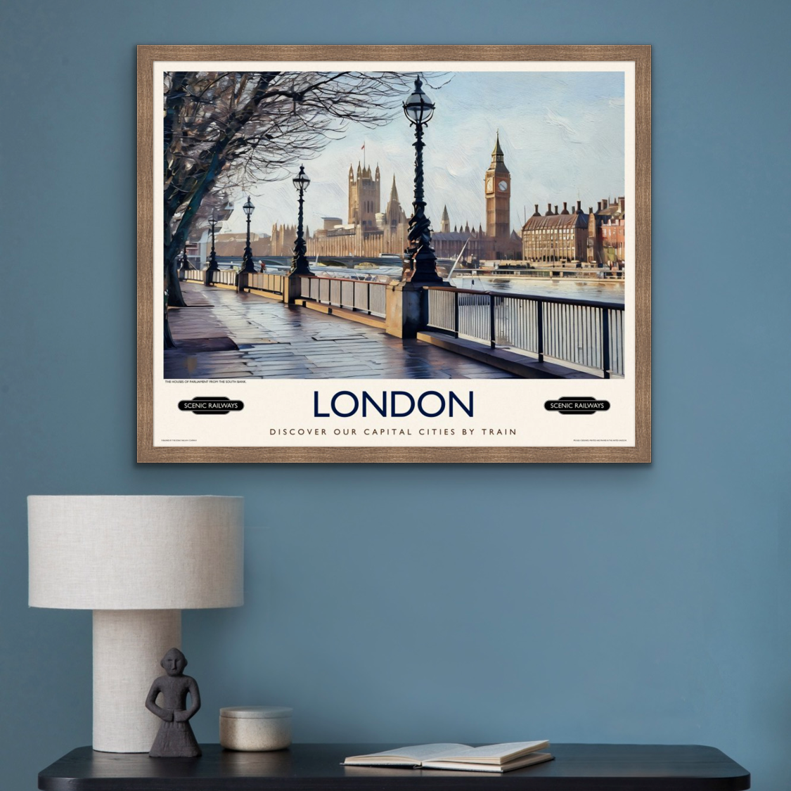 Vintage travel poster- London, The Houses of Parliament from the South Bank - Scenic Railways