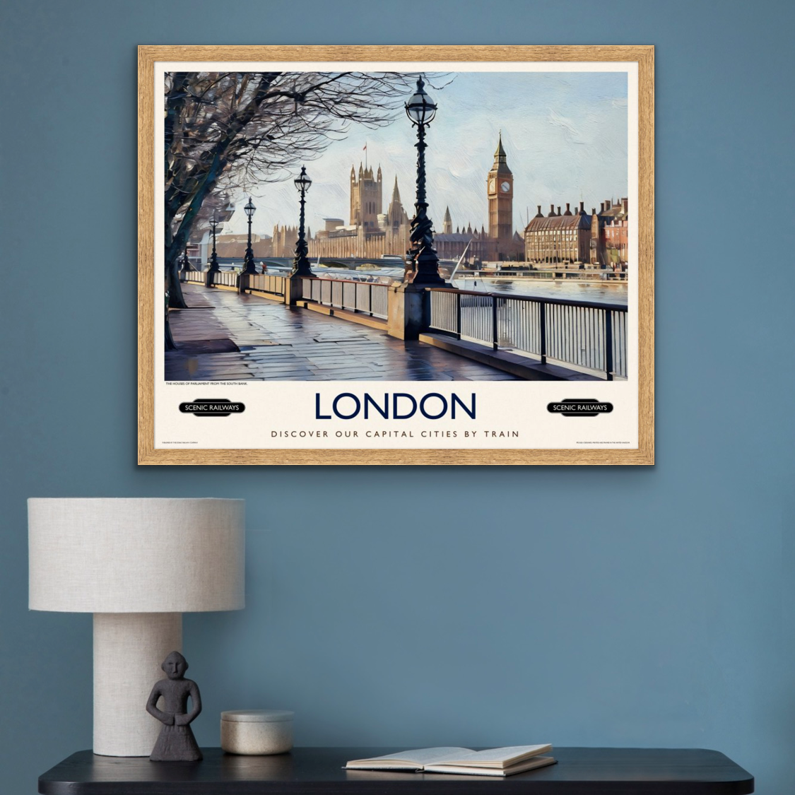 Vintage travel poster- London, The Houses of Parliament from the South Bank - Scenic Railways