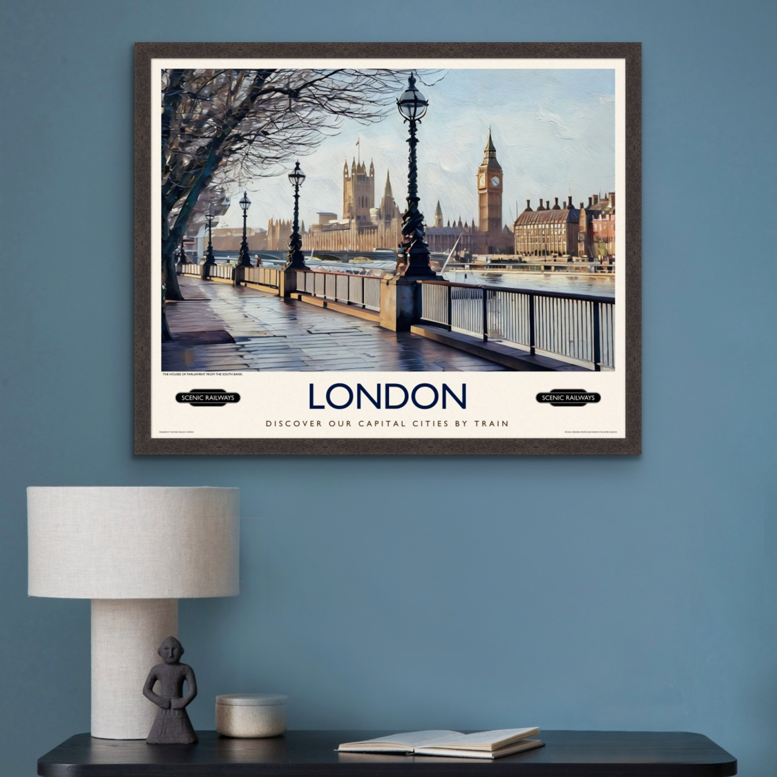 Vintage travel poster- London, The Houses of Parliament from the South Bank - Scenic Railways