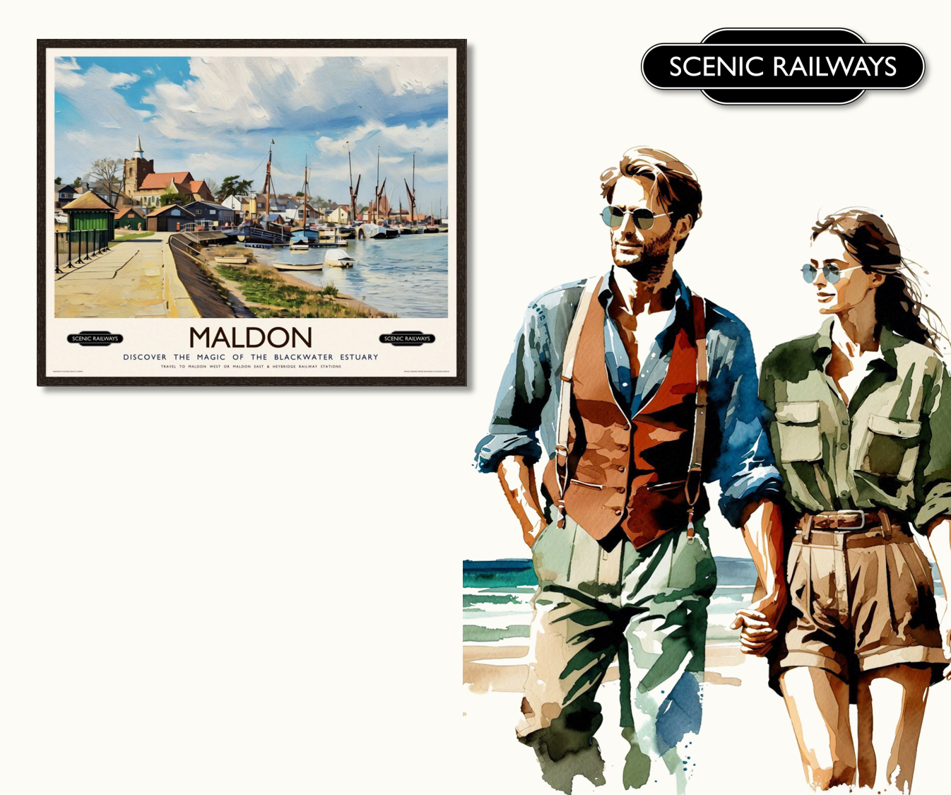 Vintage travel poster- Maldon, Essex - Scenic Railways