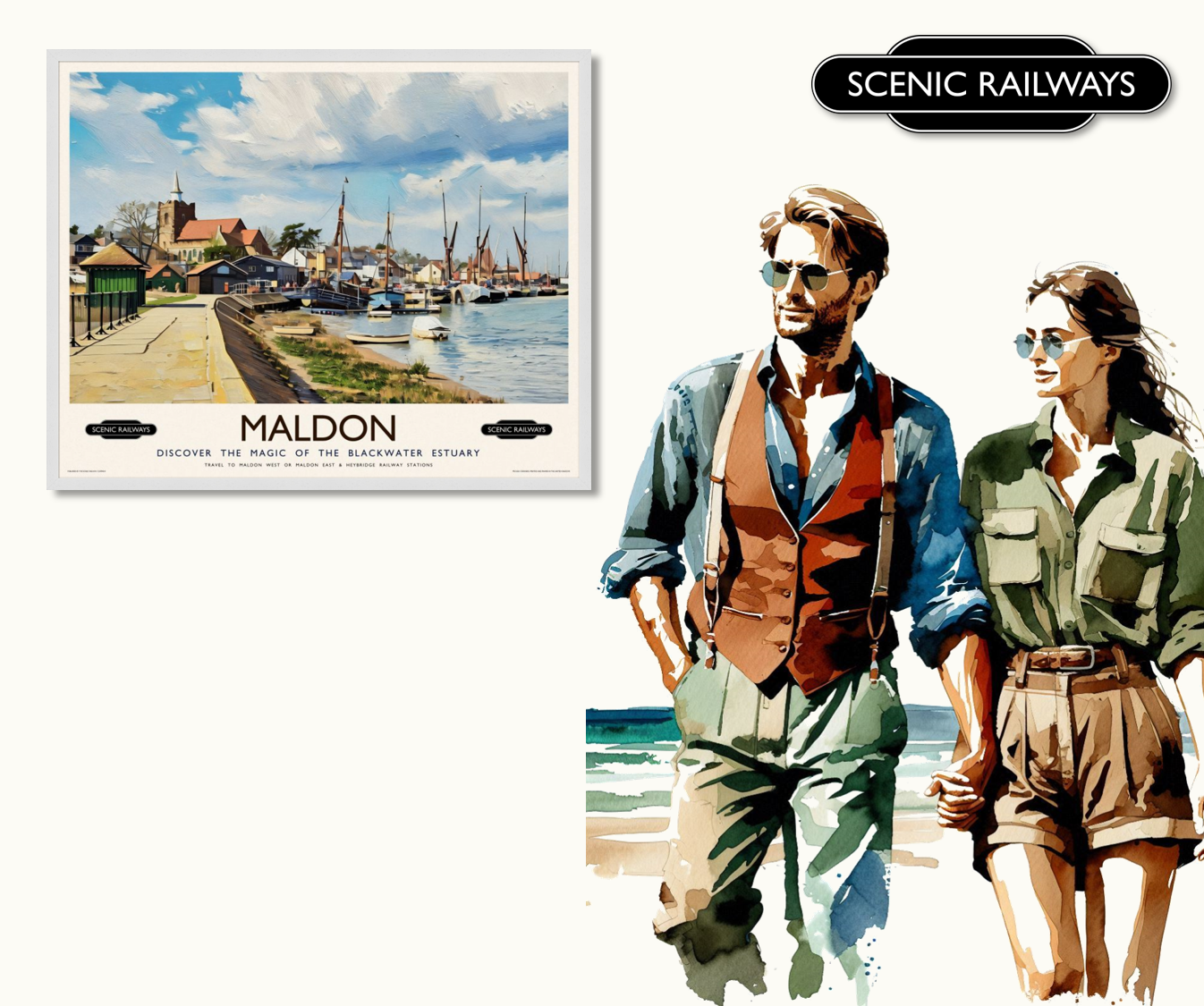 Vintage travel poster- Maldon, Essex - Scenic Railways
