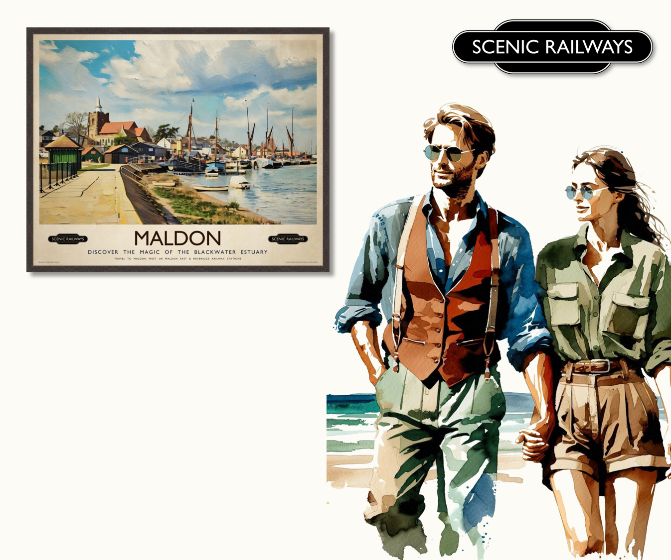 Vintage travel poster- Maldon, Essex - Scenic Railways