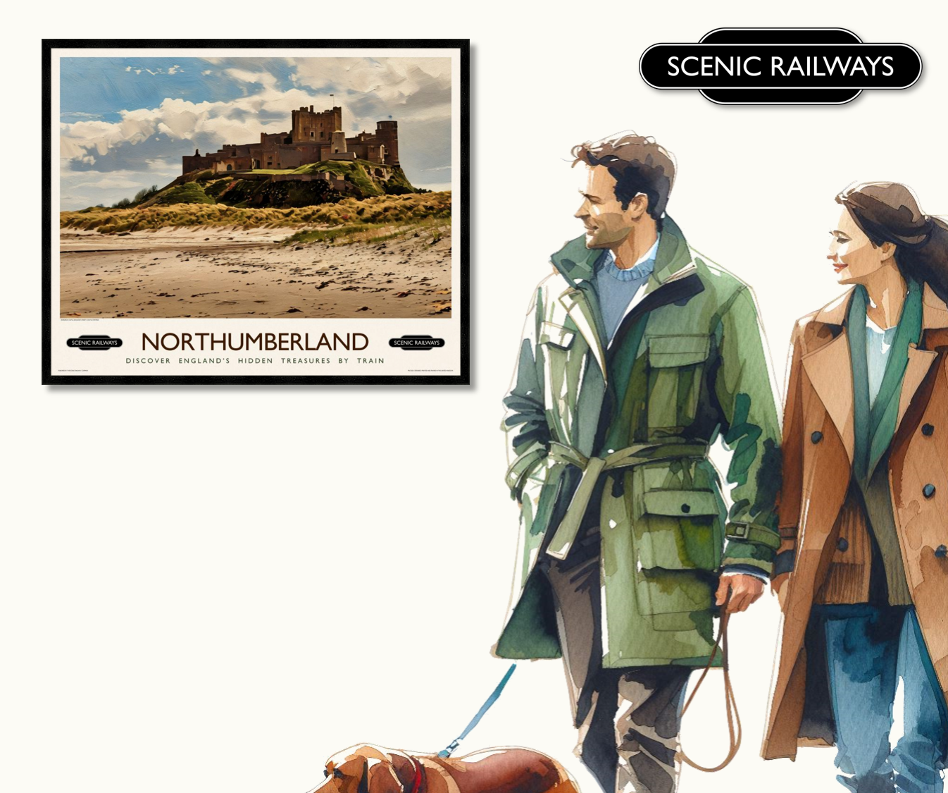 Vintage travel poster- Northumberland, Bamburgh Castle - Scenic Railways