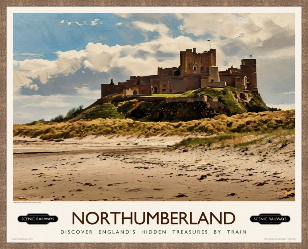 Vintage travel poster- Northumberland, Bamburgh Castle - Scenic Railways
