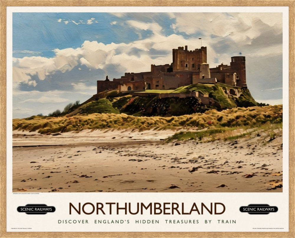Vintage travel poster- Northumberland, Bamburgh Castle - Scenic Railways