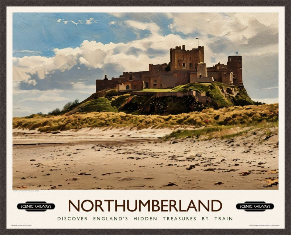 Vintage travel poster- Northumberland, Bamburgh Castle - Scenic Railways