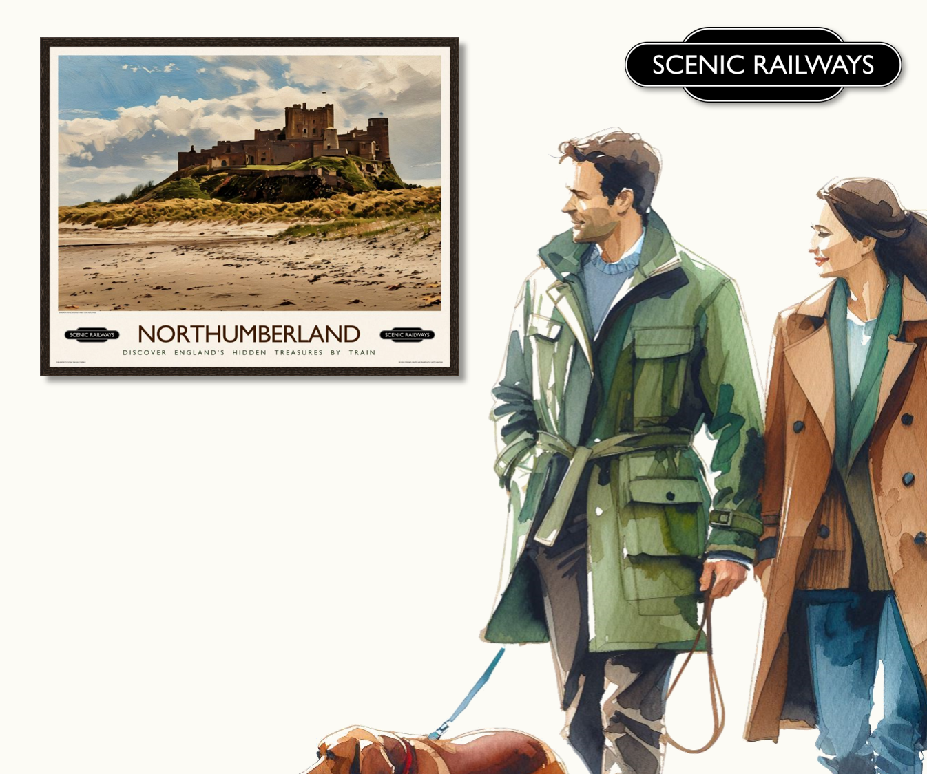 Vintage travel poster- Northumberland, Bamburgh Castle - Scenic Railways