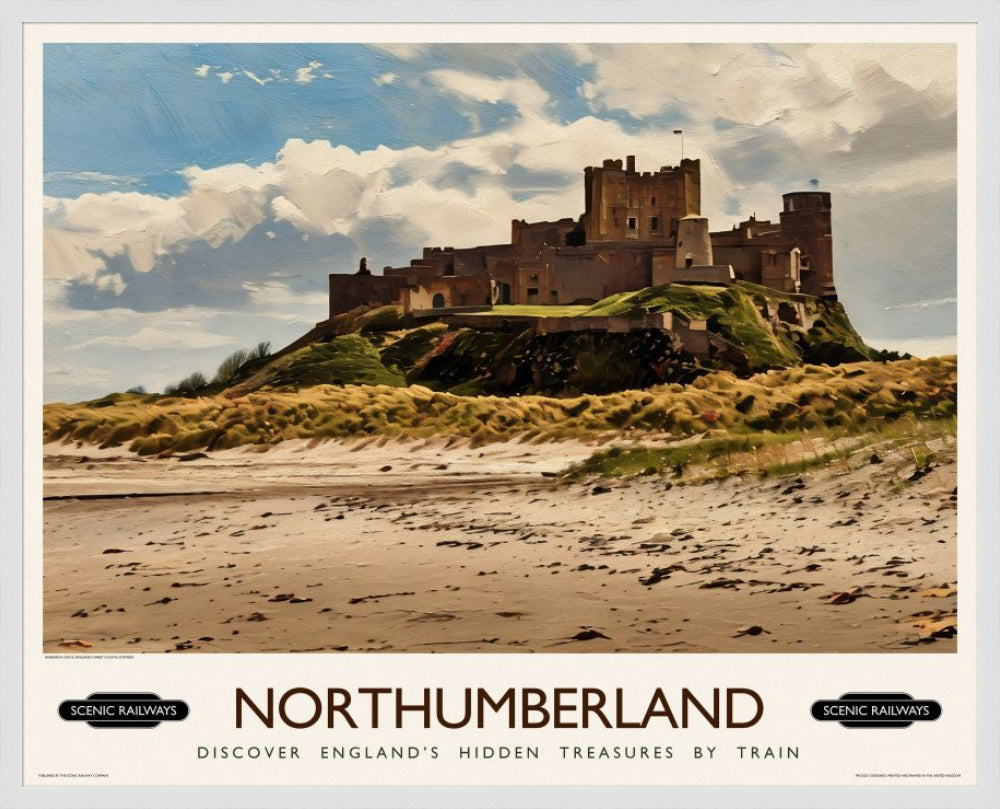 Vintage travel poster- Northumberland, Bamburgh Castle - Scenic Railways