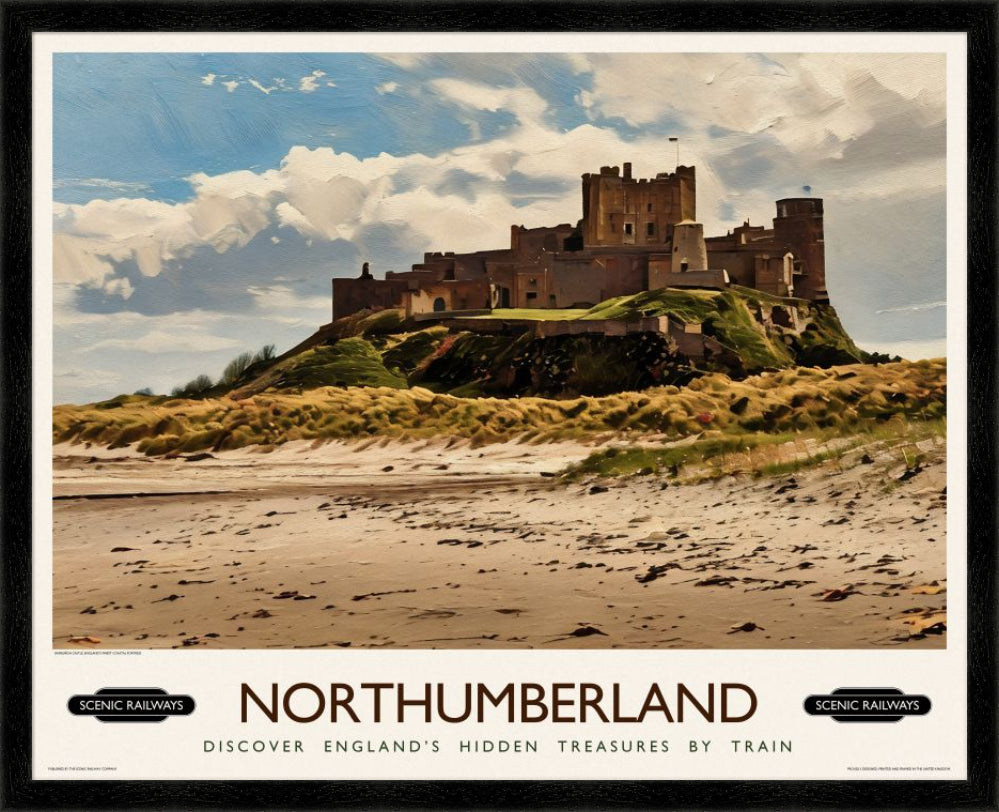 Vintage travel poster- Northumberland, Bamburgh Castle - Scenic Railways