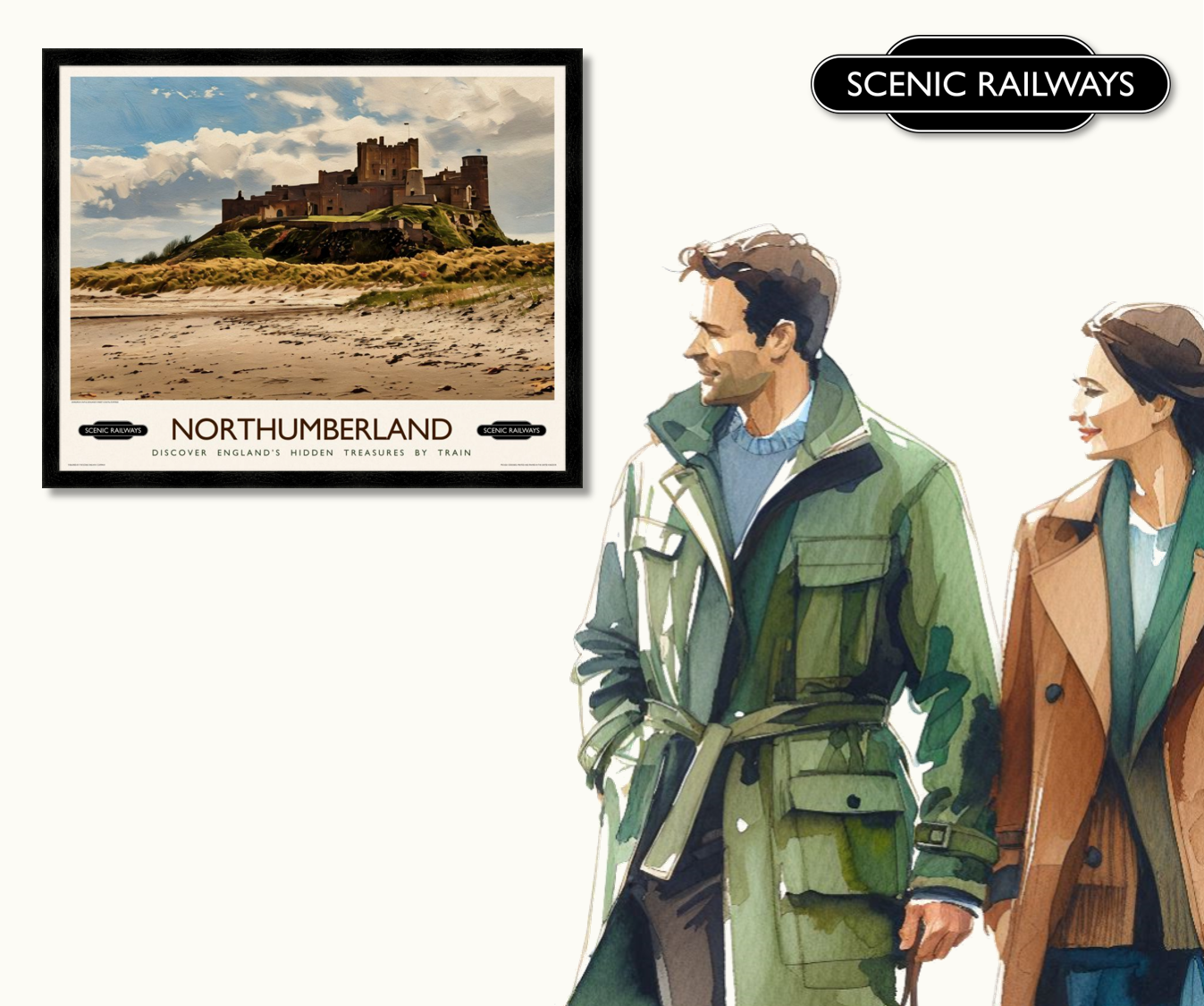 Vintage travel poster- Northumberland, Bamburgh Castle - Scenic Railways