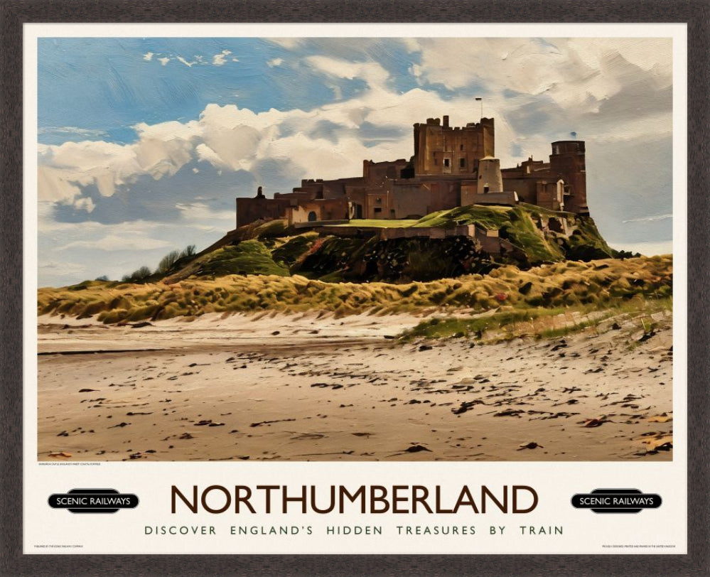 Vintage travel poster- Northumberland, Bamburgh Castle - Scenic Railways