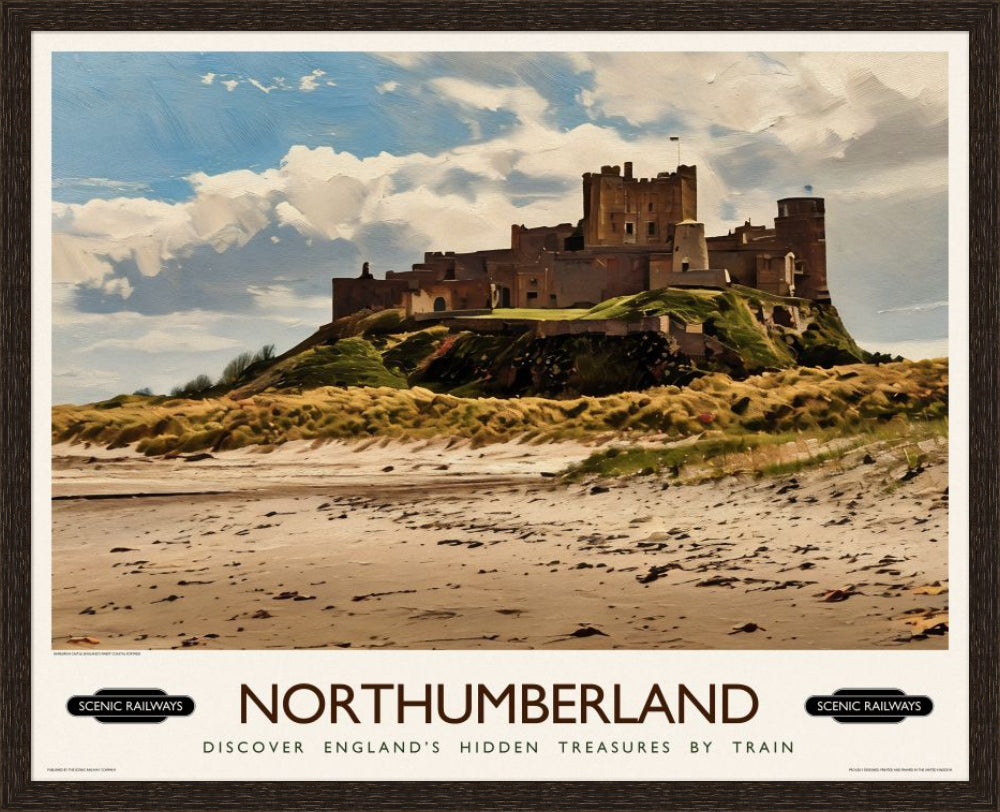 Vintage travel poster- Northumberland, Bamburgh Castle - Scenic Railways