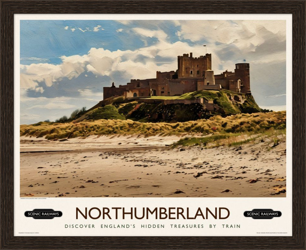 Vintage travel poster- Northumberland, Bamburgh Castle - Scenic Railways