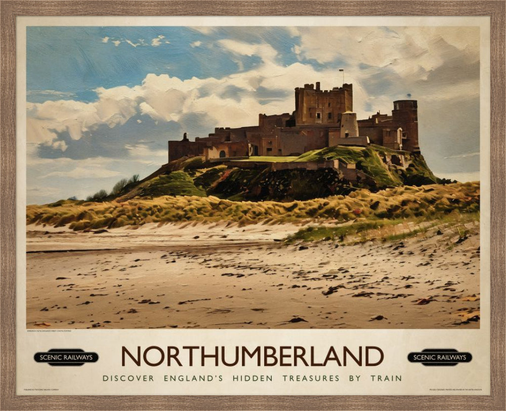 Vintage travel poster- Northumberland, Bamburgh Castle - Scenic Railways