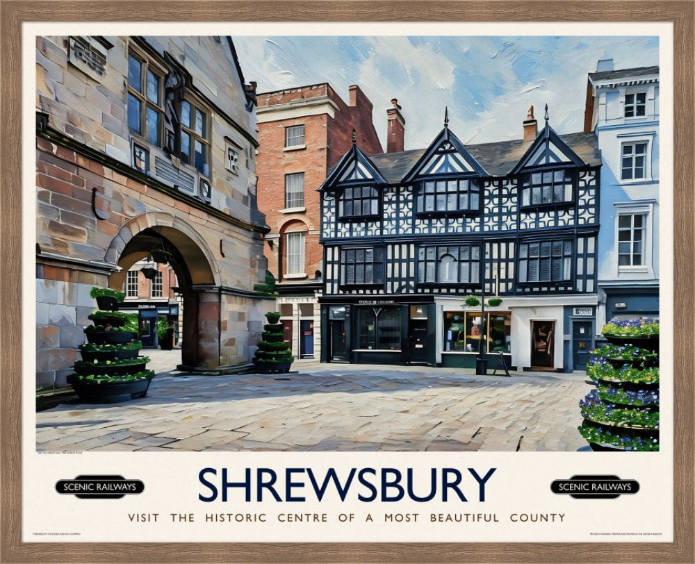 Vintage travel poster- Shrewsbury, Shropshire - Scenic Railways