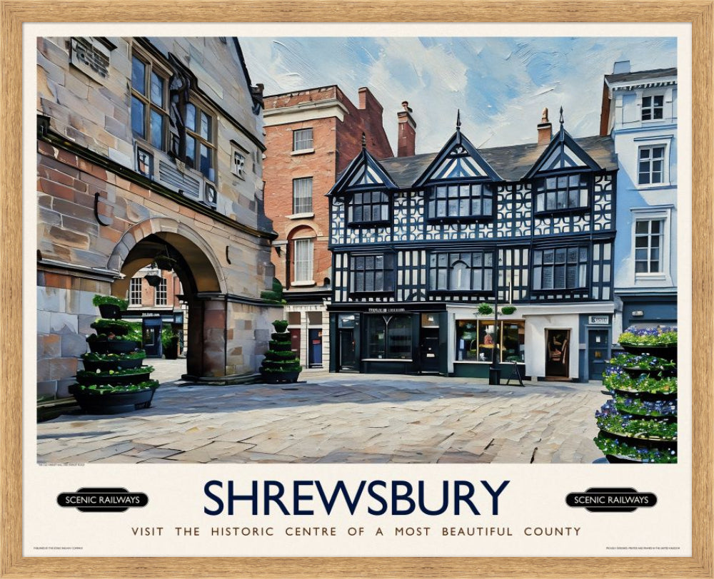 Vintage travel poster- Shrewsbury, Shropshire - Scenic Railways