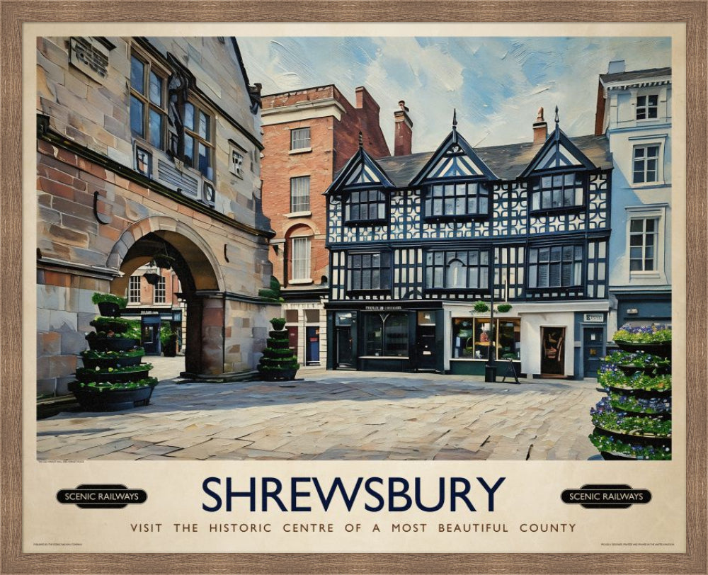 Vintage travel poster- Shrewsbury, Shropshire - Scenic Railways