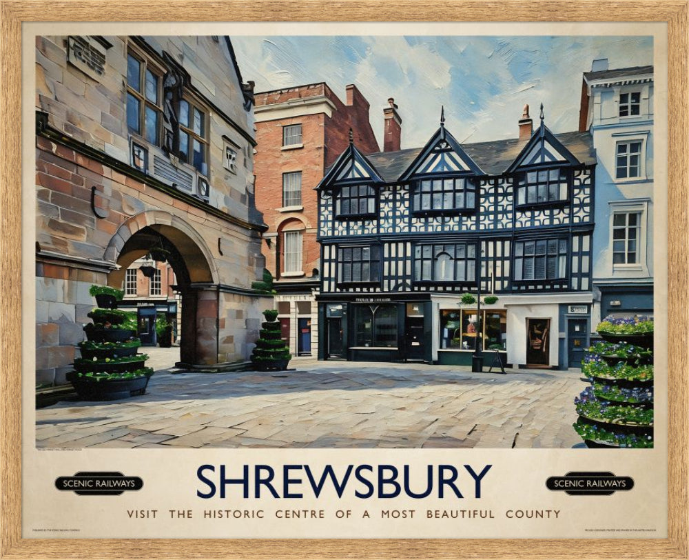 Vintage travel poster- Shrewsbury, Shropshire - Scenic Railways