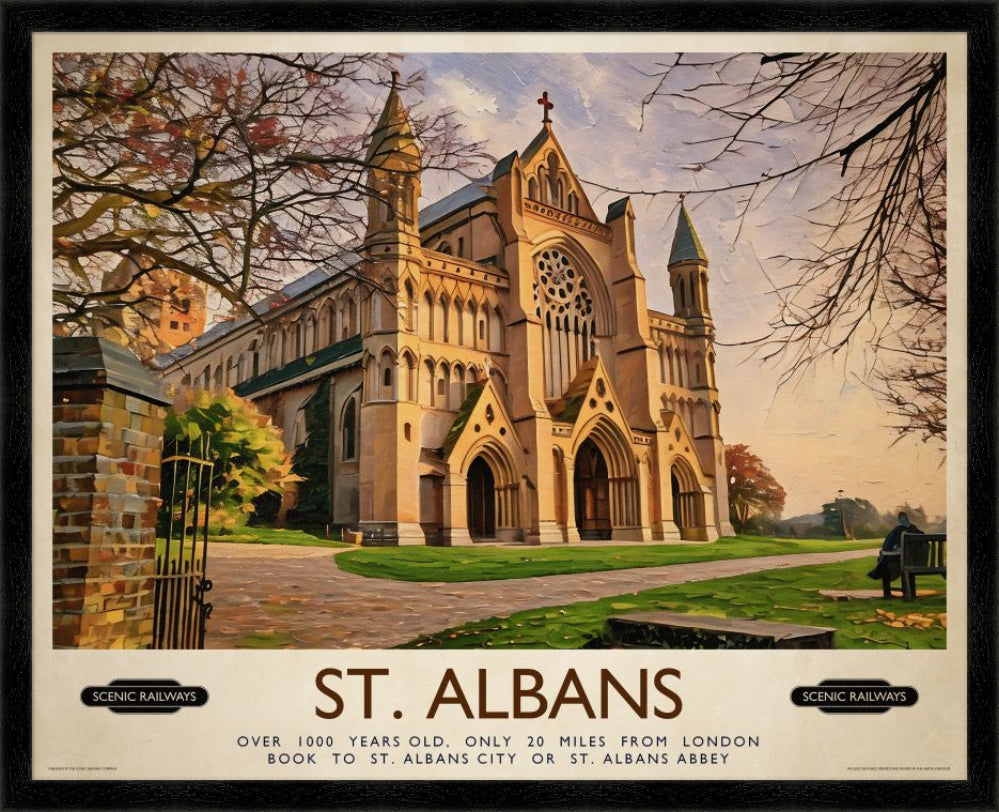 Vintage travel poster- St. Albans, The Cathedral - Scenic Railways