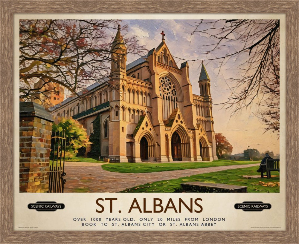 Vintage travel poster- St. Albans, The Cathedral - Scenic Railways