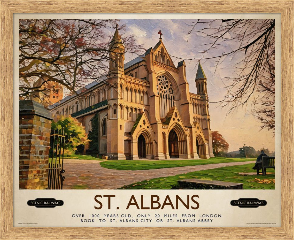 Vintage travel poster- St. Albans, The Cathedral - Scenic Railways