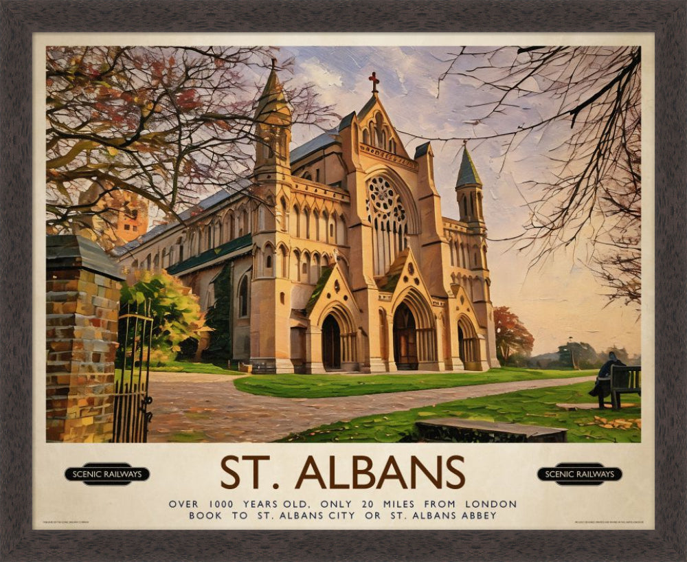Vintage travel poster- St. Albans, The Cathedral - Scenic Railways