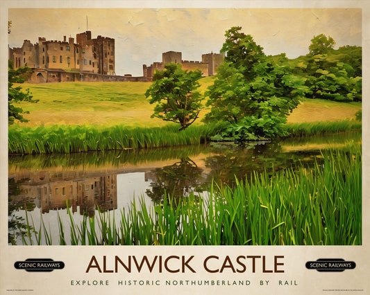 Vintage travel poster- Alnwick Castle, Northumberland - Scenic Railways