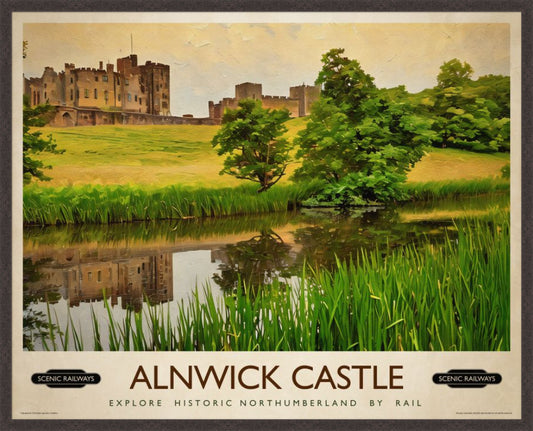 Alnwick Castle, Northumberland vintage railway travel print – framed British landscape wall art