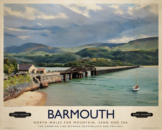 Vintage travel poster- Barmouth, Wales - Scenic Railways