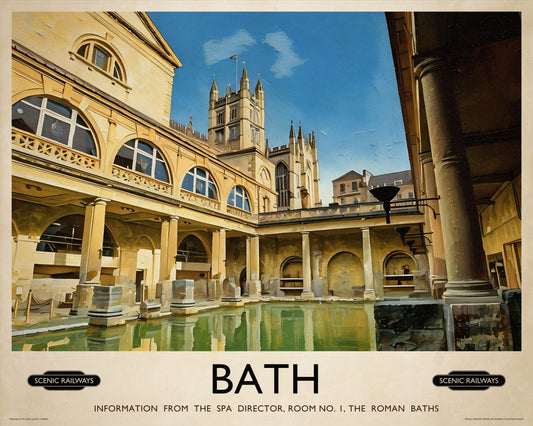 Vintage travel poster- Bath, The Roman Baths - Scenic Railways