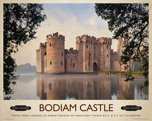 Vintage travel poster- Bodiam Castle, East Sussex - Scenic Railways