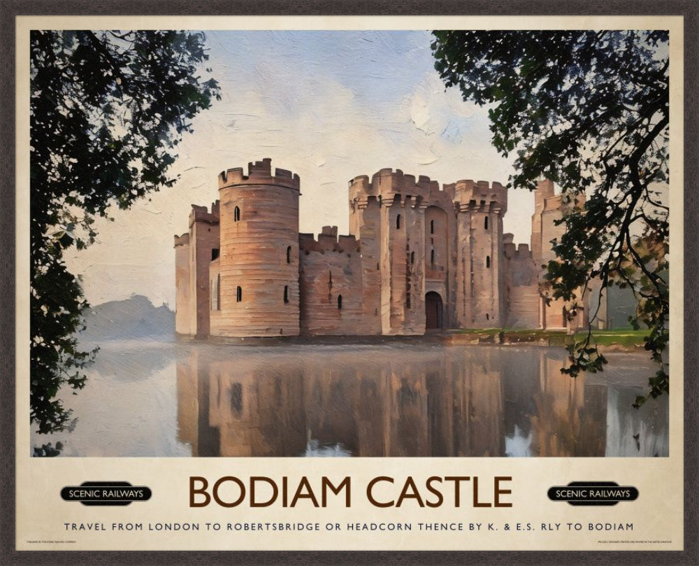Bodiam Castle, East Sussex vintage railway travel print – framed British landscape wall art