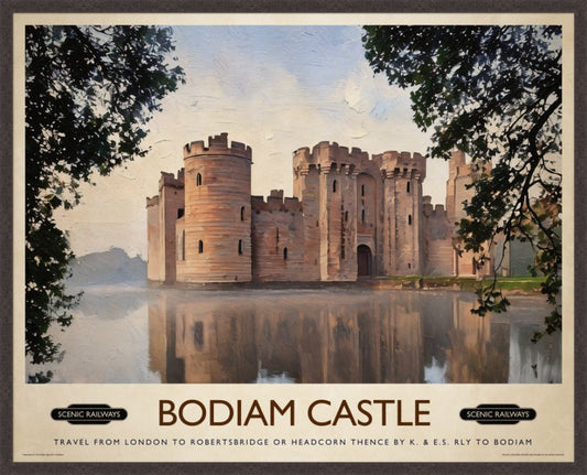 Bodiam Castle, East Sussex vintage railway travel print – framed British landscape wall art