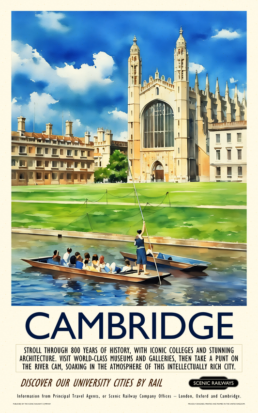 Vintage travel poster- Cambridge - King's College Chapel and the River Cam - Scenic Railways