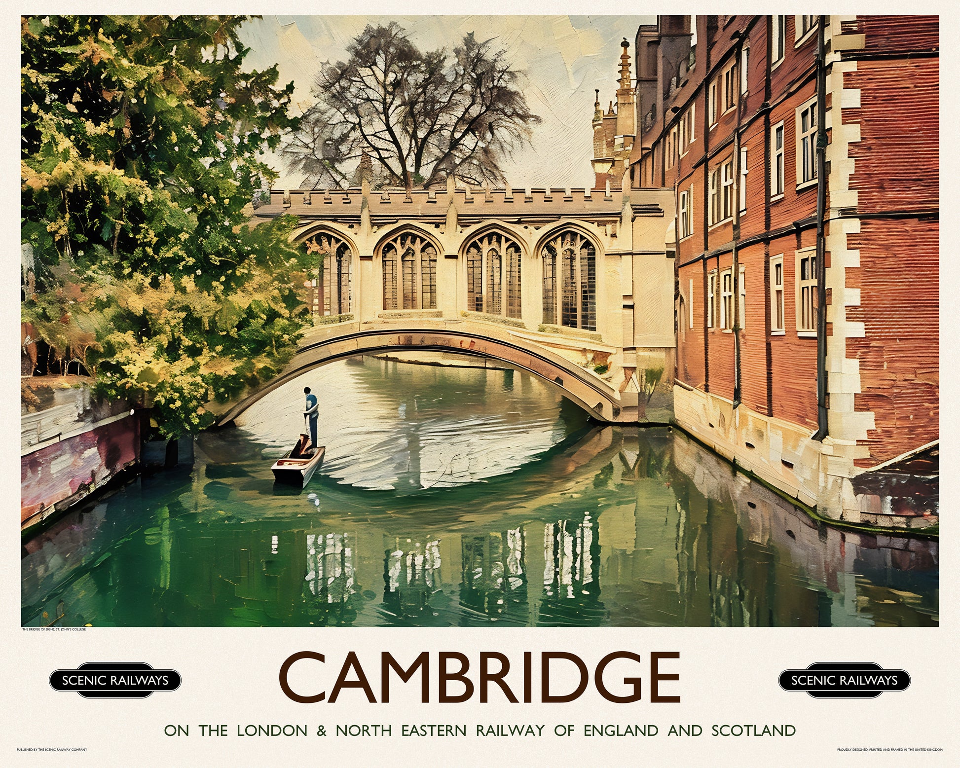 Vintage travel poster- Cambridge, The Bridge of Sighs - Scenic Railways