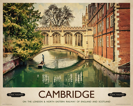 Vintage travel poster- Cambridge, The Bridge of Sighs - Scenic Railways