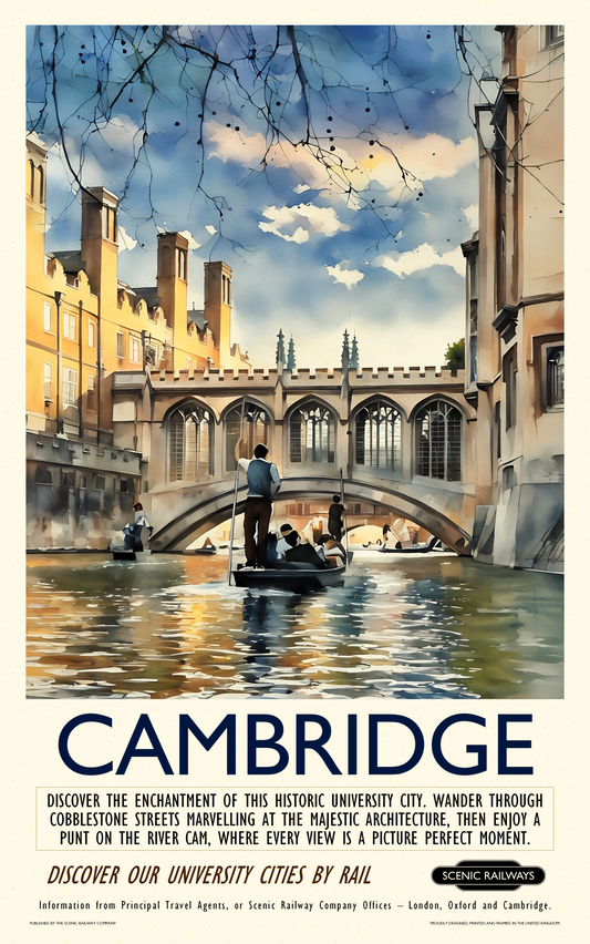 Vintage travel poster- Cambridge - The Bridge of Sighs From The River Cam - Scenic Railways