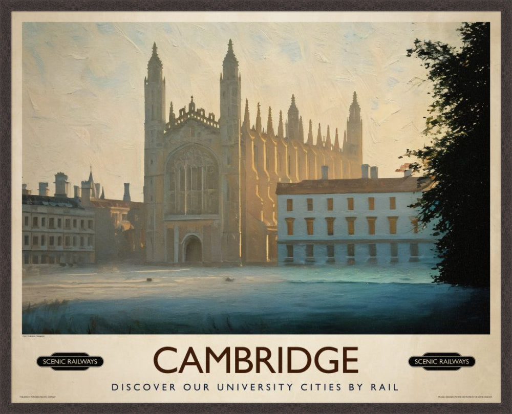 Cambridge, Misty Morning On The Backs vintage railway travel print – framed British landscape wall art