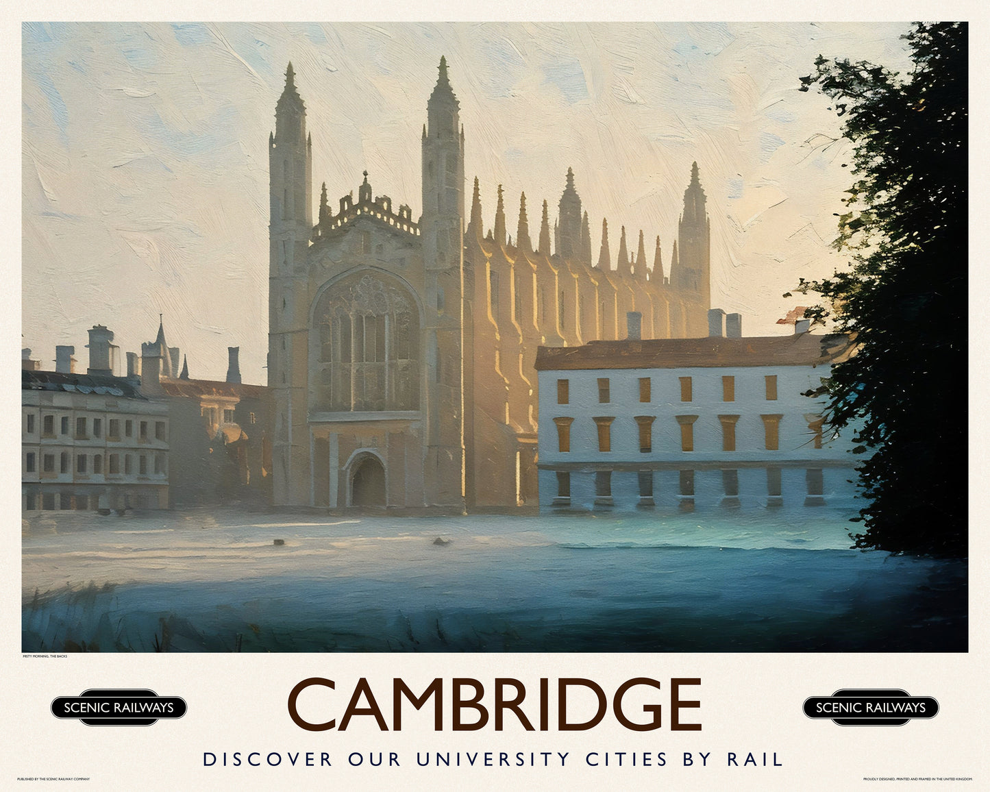 Vintage travel poster- Cambridge, Misty Morning On The Backs - Scenic Railways