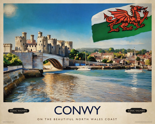 Vintage travel poster- Conwy, Wales - Scenic Railways
