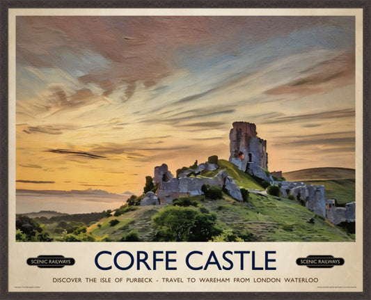 Corfe Castle, Dorset vintage railway travel print – framed British landscape wall art