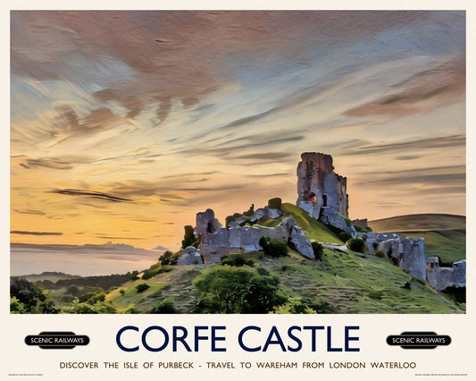 Vintage travel poster- Corfe Castle, Dorset - Scenic Railways