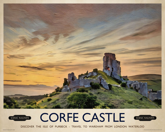 Vintage travel poster- Corfe Castle, Dorset - Scenic Railways