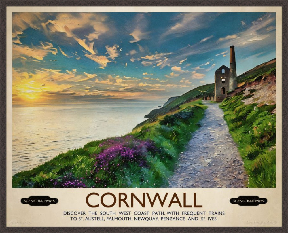 Cornwall, The South West Coast Path vintage railway travel print – framed British landscape wall art