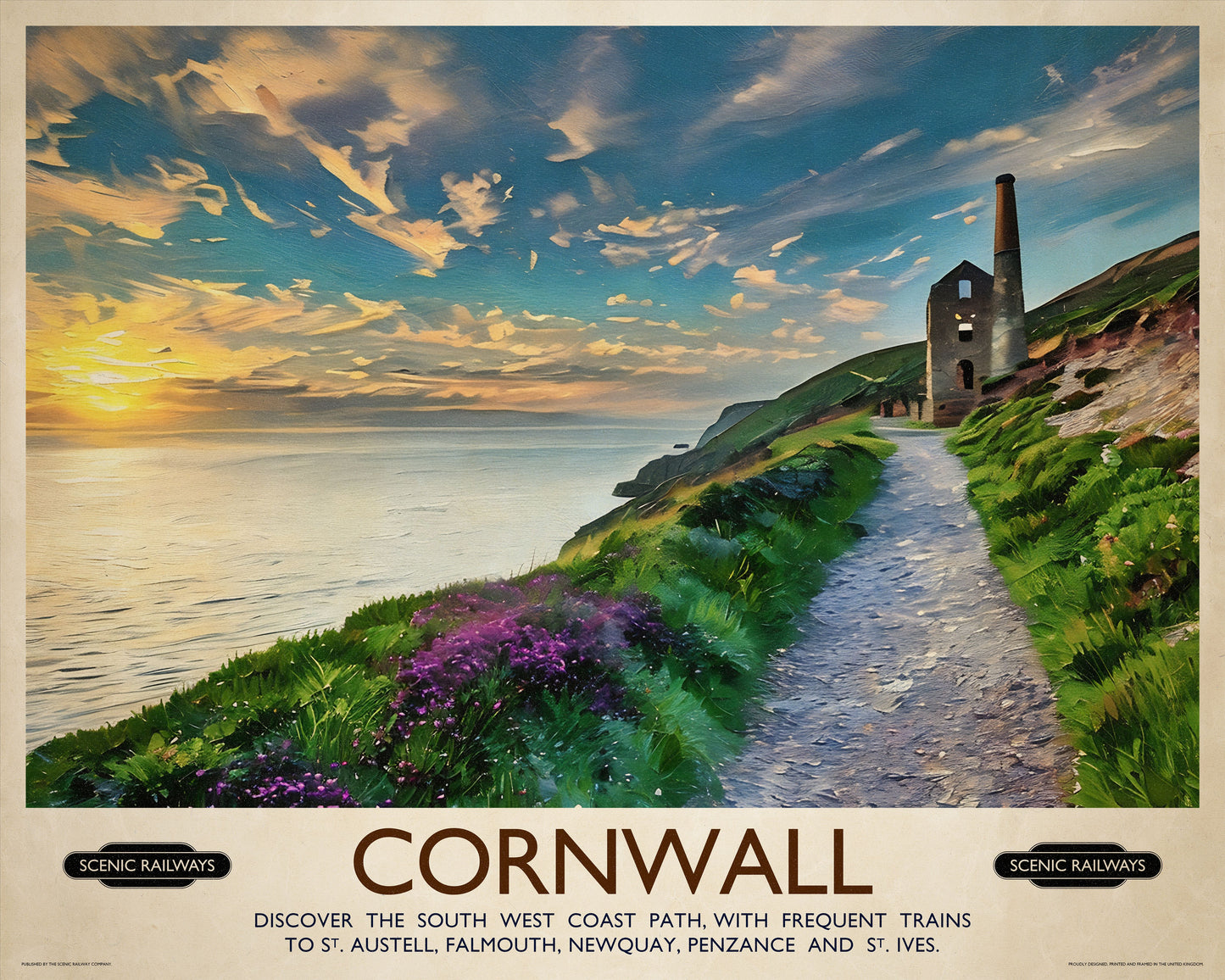 Vintage travel poster- Cornwall, The South West Coast Path - Scenic Railways