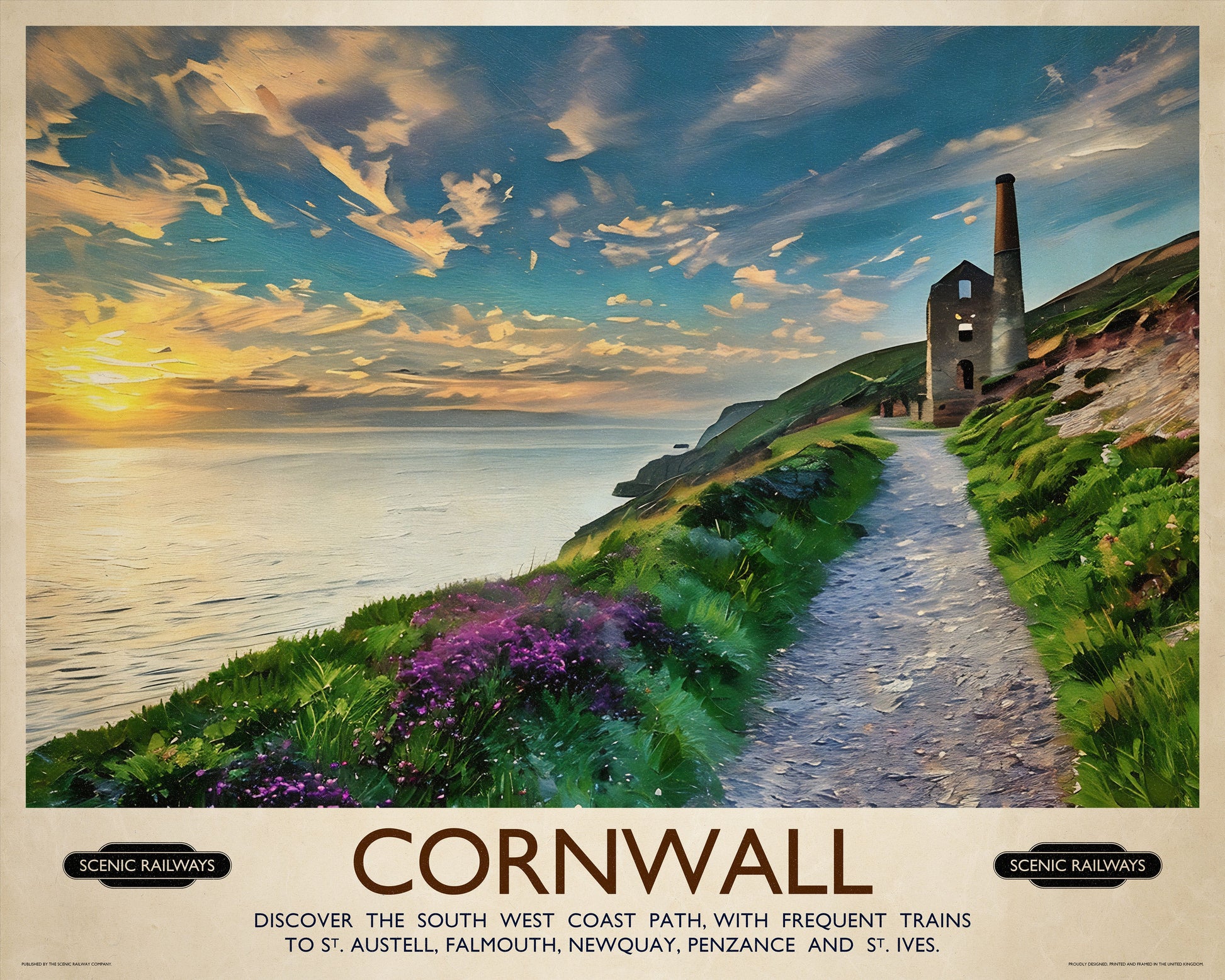 Vintage travel poster- Cornwall, The South West Coast Path - Scenic Railways